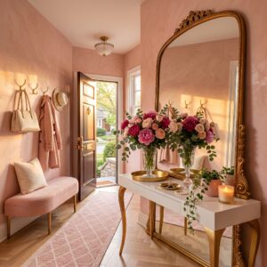 A grand entryway with symmetrical pink tufted benches and gold chandeliers leading to open white doors