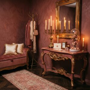 An entryway featuring large pink peony wallpaper with an ornate gold mirror and a white hairpin leg console