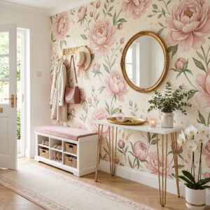 A moody vintage entryway with dark rose walls a gold ornate desk and lit candles