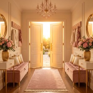 A practical entryway nook with a pink tufted storage bench and floating wood shelves for organization