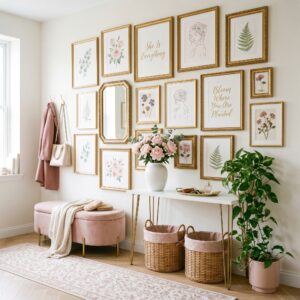 A stylish hallway with an ornate arched gold mirror and a soft pink velvet bench under warm sunlight