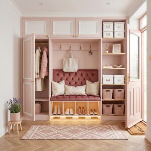 A built in entryway unit with arched shelving displays and a pink velvet bench in a cozy corner