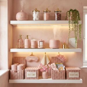 White floating bathroom wall shelves styled with pink woven storage baskets, clear glass storage jars with bamboo lids, a pink essential oil diffuser, and hanging plants.