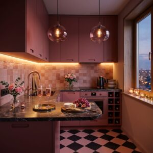 Cozy small kitchen layout featuring moody mauve cabinets, under-cabinet LED lighting, dark marble countertops, and smoked-glass globe pendant lights.