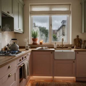 Dreamy cottage kitchen layout at dusk on a rainy day featuring light pink cabinets, warm under-glow cabinet lighting, a boiling kettle on the stove, and a window sill candle.