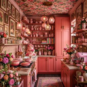 Maximalist pink kitchen interior with a pink floral wallpapered ceiling, matching rose pink cabinets, tiered open shelves packed with pink ceramics, and dense fresh flower bouquets.