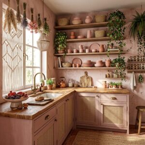 Boho-chic small kitchen layout showcasing natural cane cabinet doors with pink frames, open wooden shelves, trailing green ivy plants, and a macrame window curtain accent.
