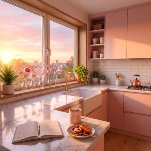 Sun-drenched small pink kitchen counter space at sunset featuring a white marble countertop, a warm cup of coffee, an open journal, and fresh flowers lined on the window sill.