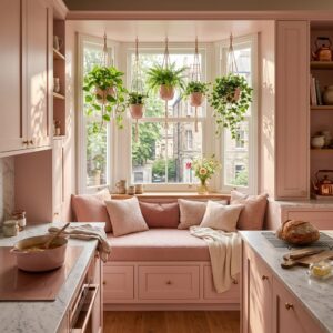 Beautiful small apartment kitchen featuring a built-in window bench nook upholstered in blush pink fabric with cozy knit throw pillows and hanging indoor trailing plants.