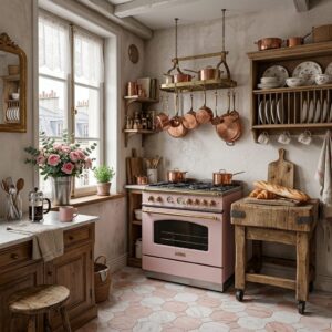 French Parisian bistro style kitchen with a retro blush pink oven range, rustic warm wood cabinets, hexagonal marble floor tiles, and copper cookware hanging on wall racks.