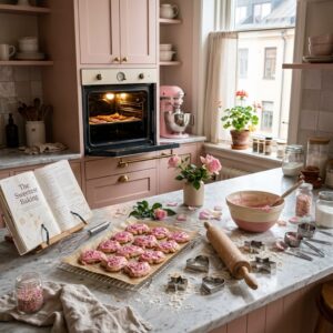 High-intent baking lifestyle shot in a cozy pink kitchen showing fresh pink frosted sugar cookies on a marble island countertop next to a pink stand mixer and open oven door.