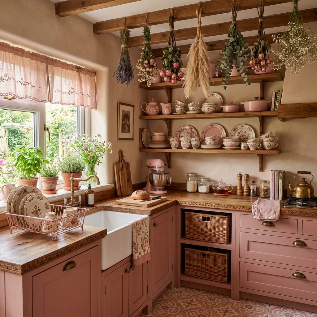 Rustic cottage kitchen interior with soft pink cabinets, exposed wooden ceiling beams, open shelves displaying pink dishware, and hanging dried flower bouquets.