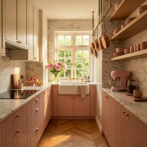 Narrow galley kitchen layout showcasing fluted blush pink cabinets, a crisp white apron farmhouse sink, white marble backsplashes, and copper pots hanging over the window.