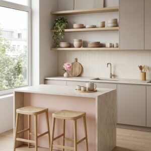 Minimalist modern kitchen setup featuring a pastel pink breakfast bar island with light oak wood stools, sleek beige cabinets, and open oak wood shelving.