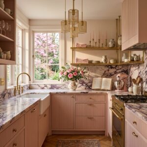 Elegant U-shaped kitchen layout with fluted dusty rose cabinets, a dramatic deep-purple veined marble countertop, and a luxury gold wire chandelier light fixture.