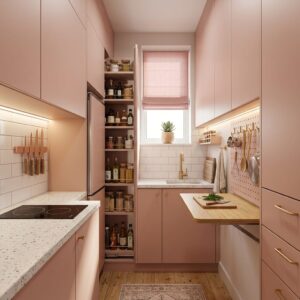 High-efficiency small pink galley kitchen maximizing space with a pull-out pantry vertical tower drawer and a space-saving fold-down wooden prep table wall block.