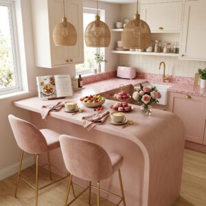 Trendy open-concept small kitchen with a custom curved blush pink island, a pink terrazzo countertop, velvet bar stools, and woven wicker pendant lights.