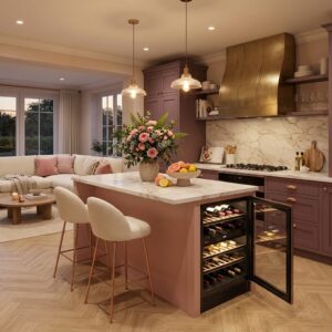 High-end mauve and dusty rose open kitchen layout featuring a large marble island with an integrated glass-door wine refrigerator and chic boucle bar stools.