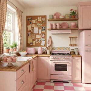 Vintage retro kitchen setup with pastel pink shaker cabinets, a pink SMEG refrigerator, matching pink stove range, and a retro pink and white checkered floor tile pattern.