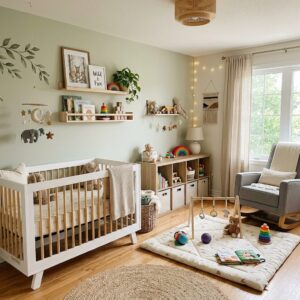 Sage green nursery with white and wood crib and rainbow decor