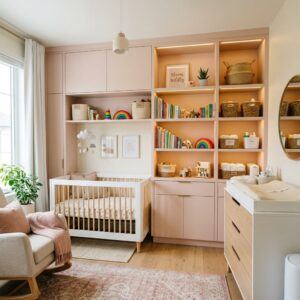 Custom blush pink built in nursery closet and shelving
