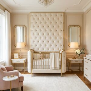 Luxury nursery with tufted headboard wall and gold crib