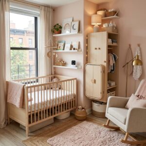 Small nursery with light wood wardrobe and floating shelves