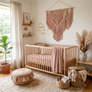 Boho chic nursery with macrame wall hanging and pink pouf
