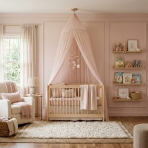 Minimalist pink nursery with sheer fabric crib canopy