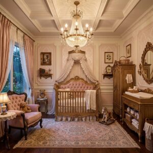Royal nursery with ornate gold furniture and crystal chandelier