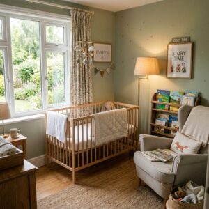Cozy sage nursery with wooden crib and grey rocking chair