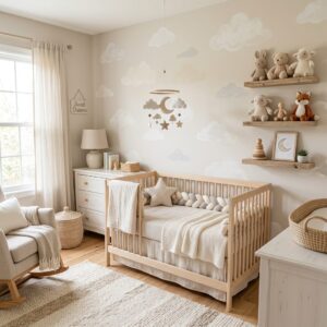 Neutral nursery with cloud wall decals and wooden crib