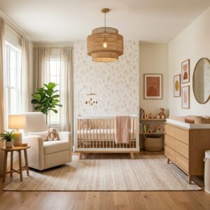 Boho nursery with tan leaf wallpaper and woven pendant light
