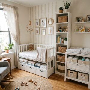 Small nursery with white crib and tall wicker basket storage
