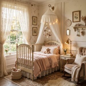 Vintage nursery with lace canopy over white metal crib