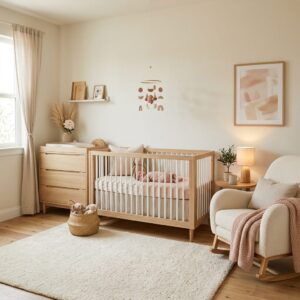 Minimalist beige nursery with terracotta accents and plush rug