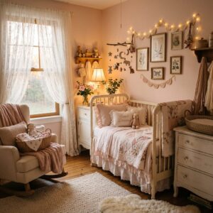 Shabby chic pink nursery with fairy lights and lace curtains