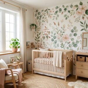 Boho nursery with large floral wall mural and light wood crib