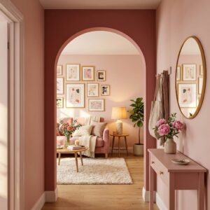 An elegant blush pink apartment entryway with an arched doorway looking directly into a cozy gallery-walled living room with a pink sofa.