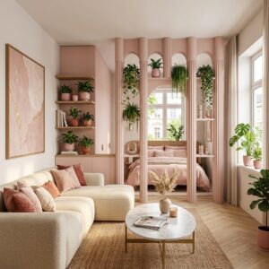 Modern open-concept studio apartment layout showcasing a luxury fluted pink pillar divider partition separating the cream sectional sofa from the bedroom area.