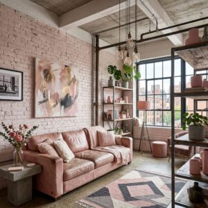 Industrial loft style living room with a painted blush pink brick feature wall, a worn pink leather sofa, open iron shelving, and exposed ceiling concrete beams.