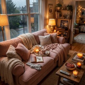 Cozy dark living room layout on a rainy night with a pink couch, thick cable knit blankets, warm candle holders, and a retro vinyl record player shelf unit.