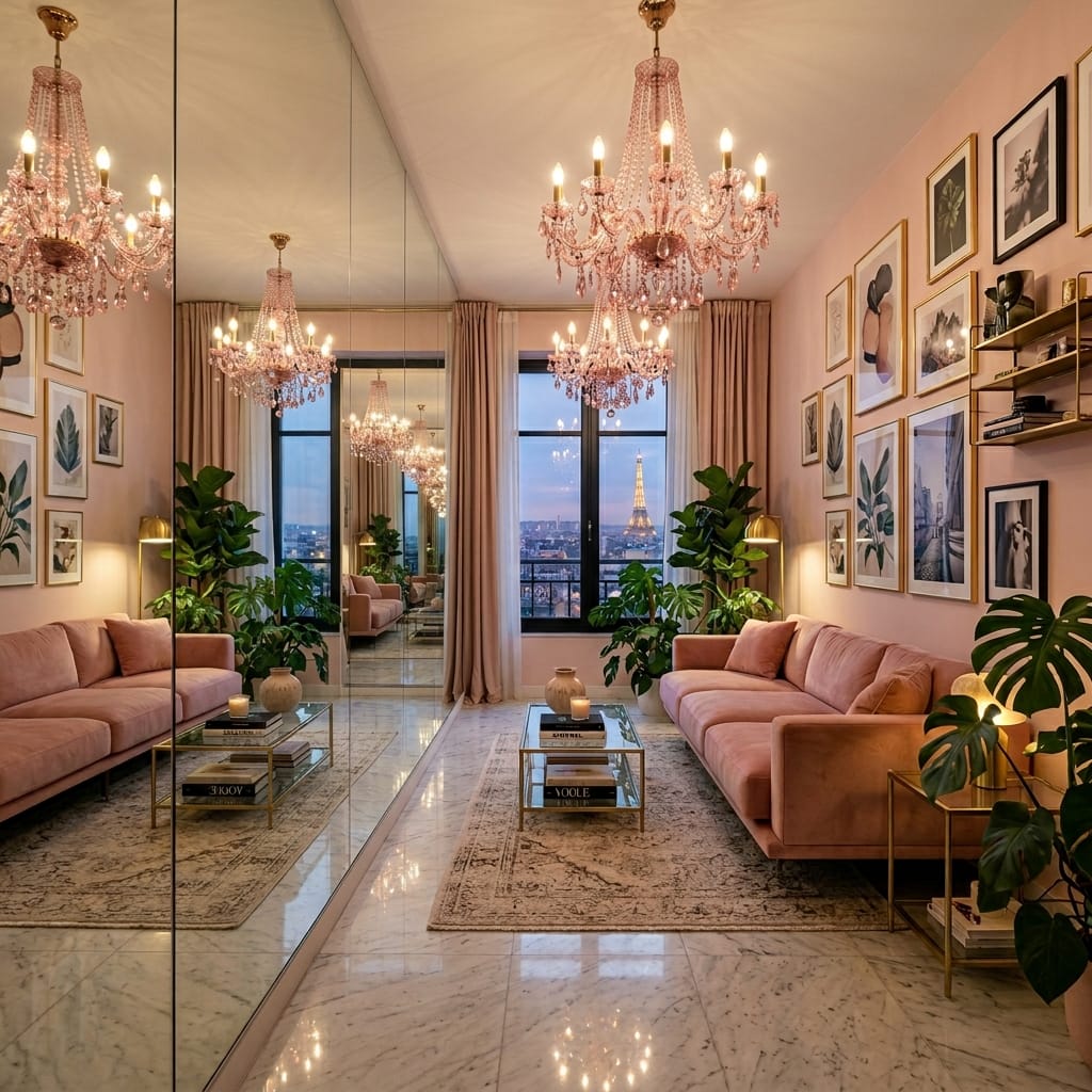 Spectacular narrow Parisian style living room maximizing space with a full floor-to-ceiling mirrored wall reflecting a pink velvet couch and a crystal chandelier.
