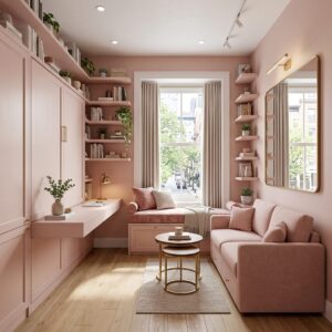 Hyper-efficient small pink living room layout with built-in wall cabinets, a sleek integrated workspace desk, and a cozy window daybed bench seat.