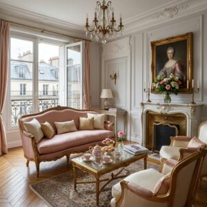 Grand French Parisian apartment living room with ornate wall moldings, a pink antique-style sofa, a white marble fireplace mantle, and a portrait painting.