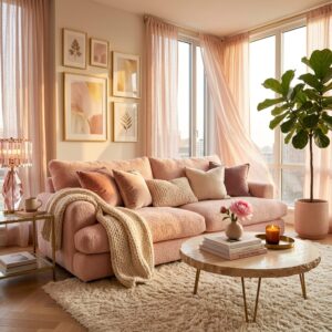 Sunlit living room at sunset with a premium pink boucle sofa, light sheer curtains blowing in the breeze, a round raw wood coffee table, and a large potted plant.