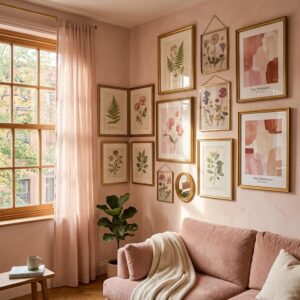 Corner view of a blush pink living room showcasing a massive dense gallery wall packed with gold-framed botanical sketches and colorful pressed flowers.
