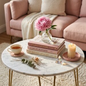 Close-up coffee table styling setup with stacked pink design books, a single fresh pink peony in a glass vase, a burning candle on a tray, and a crystal prism.