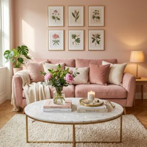 Bright small living room featuring a blush velvet sofa, a white marble round coffee table, a white shaggy rug, and a gold-framed botanical gallery wall.