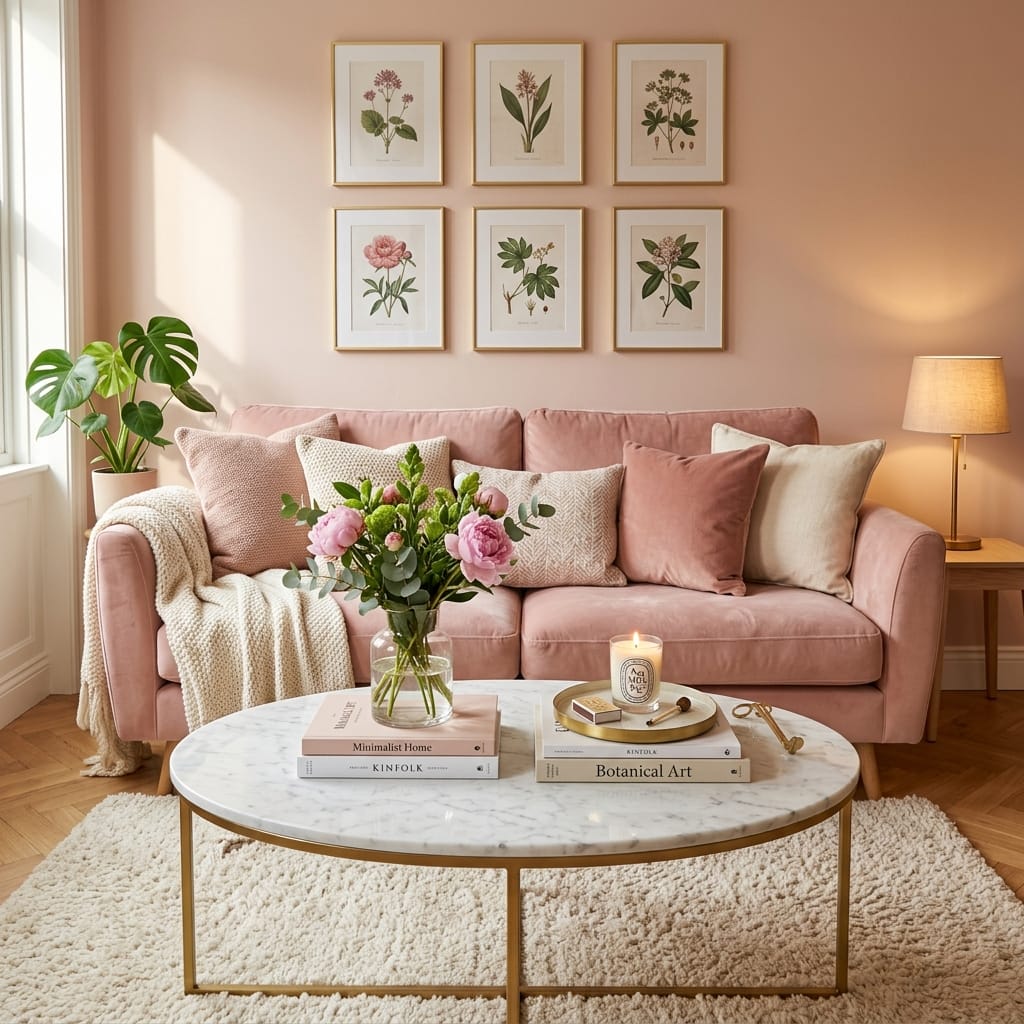 Bright small living room featuring a blush velvet sofa, a white marble round coffee table, a white shaggy rug, and a gold-framed botanical gallery wall.